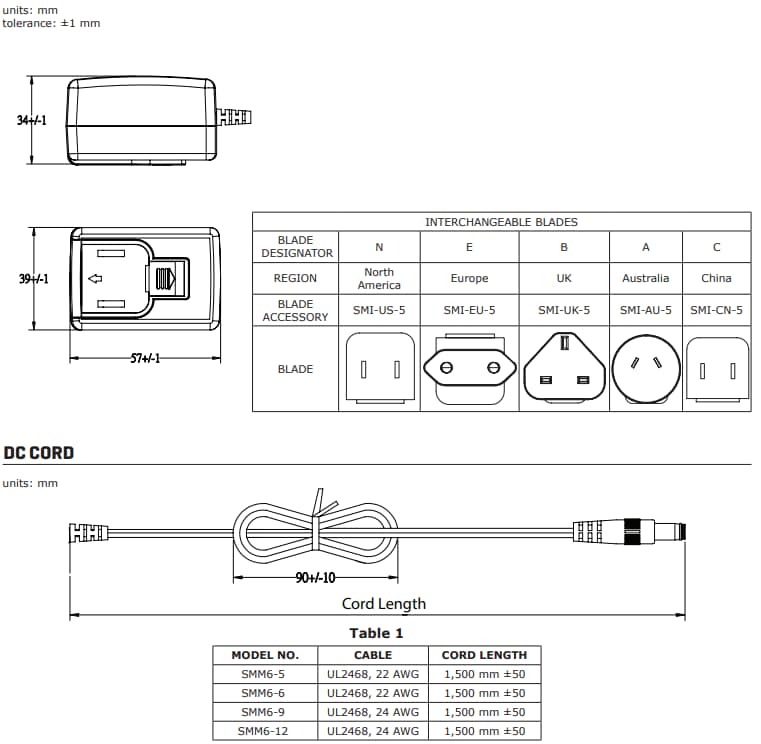 機械図面 - CUI Inc SMM6シリーズ壁掛け式ACアダプタ